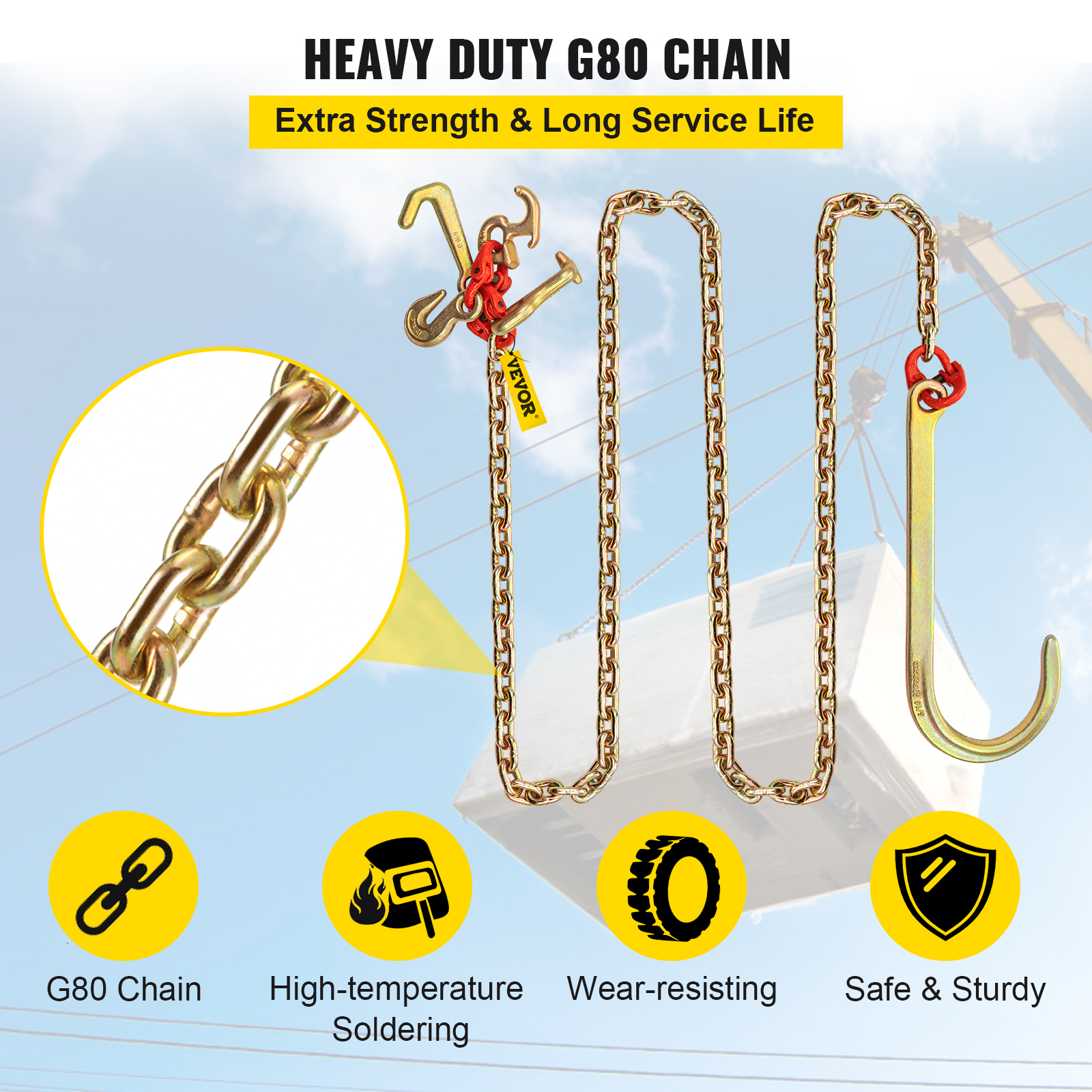 VEVOR Tow Chain J Hook 5/16"×2'/3'/10' V-Chain Bridle w/ 15" Large R T J Hooks - Picture 31 of 50