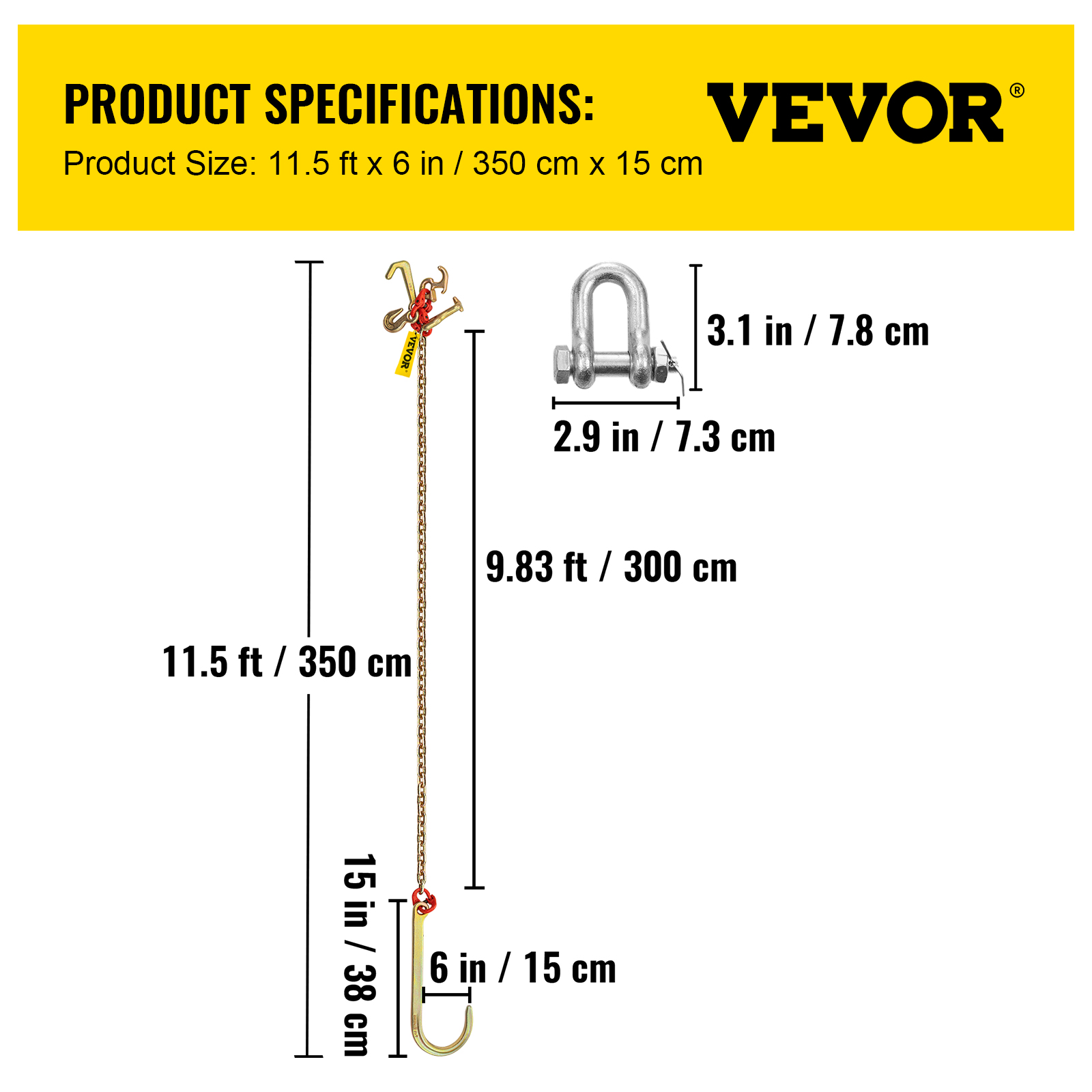 VEVOR Tow Chain J Hook 5/16"×2'/3'/10' V-Chain Bridle w/ 15" Large R T J Hooks - Picture 33 of 50