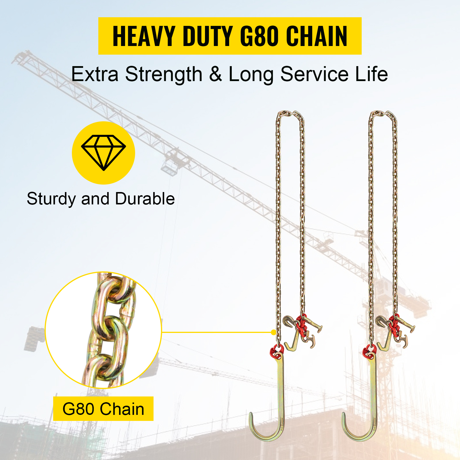 VEVOR Transport Binder Chain, 7100lbs Working Load Limit, 3/8''x20' G80 Tow  Chain Tie Down with Grab Hooks, DOT Certified, Galvanized Coating Manganese  Steel for Dock Factory Construction Site, 2 Pack