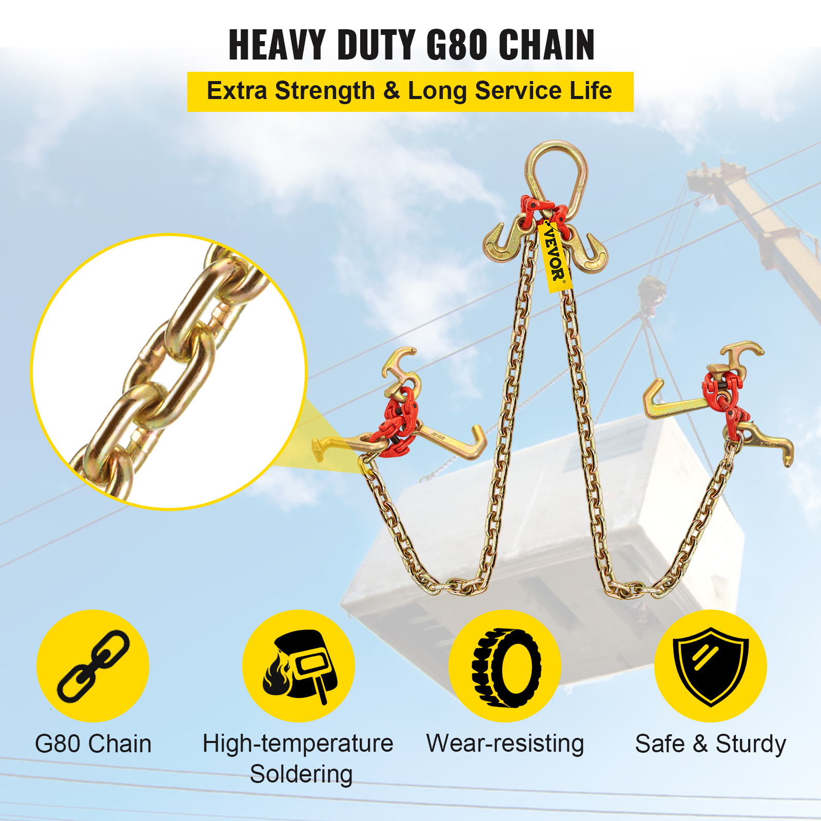 VEVOR 5/16"x2' Tow Chain J Hook G80 V-Chain Bridle w/ TJ/RJ Grabe Hook