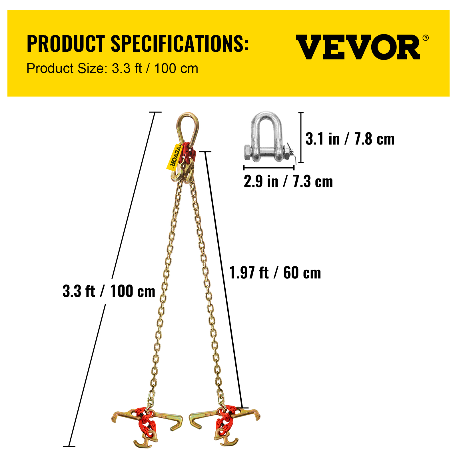 VEVOR 5/16"x2' Tow Chain J Hook G80 V-Chain Bridle w/ TJ/RJ Grabe Hook