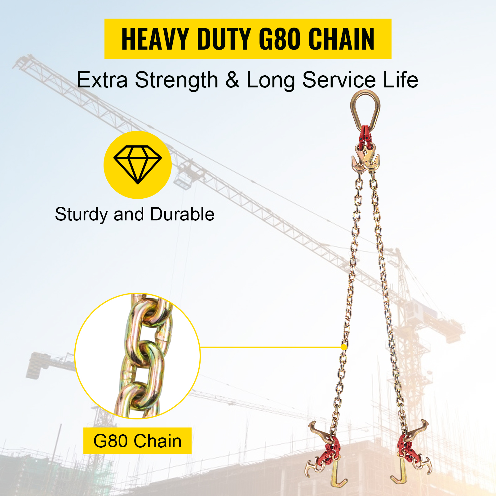 VEVOR 5/16"x2' Tow Chain J Hook G80 V-Chain Bridle w/ TJ/RJ Grabe Hook