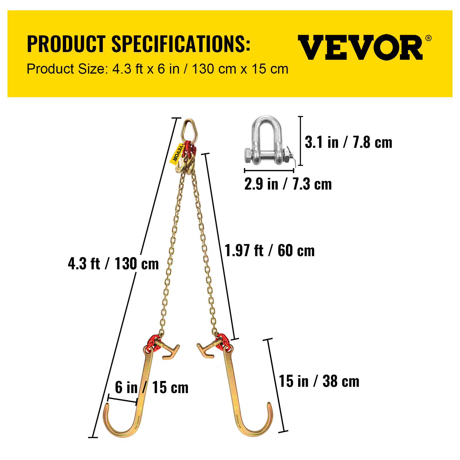 VEVOR 5/16"x2' Tow Chain J Hook G80 V-Chain Bridle w/ TJ/RJ Grabe Hook