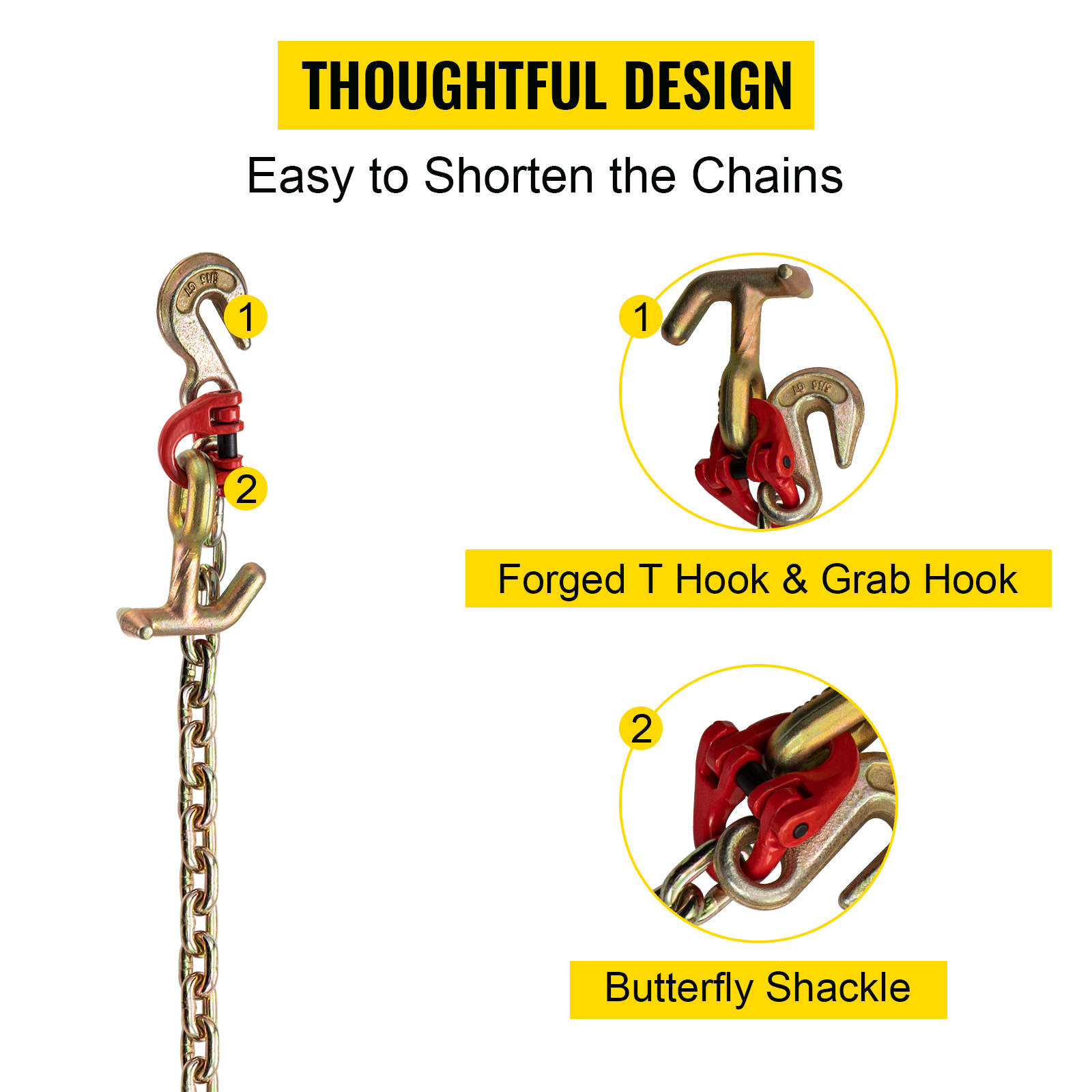 J Hook Chain, 5/16 in x 10 ft Bridle Tow Chain, G80 Bridle Transport Chain,  Alloy Steel Chain with 2 G70 J Hooks, 9260 Lbs Break Strength Tow Hooks