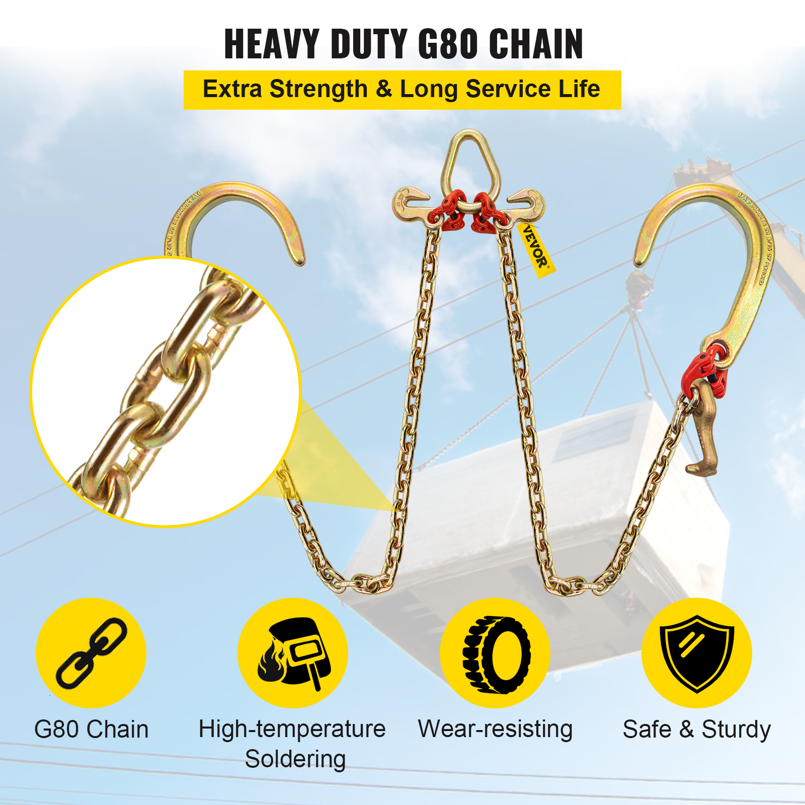 VEVOR 5/16"x2' Tow Chain J Hook G80 V-Chain Bridle w/ TJ/RJ Grabe Hook