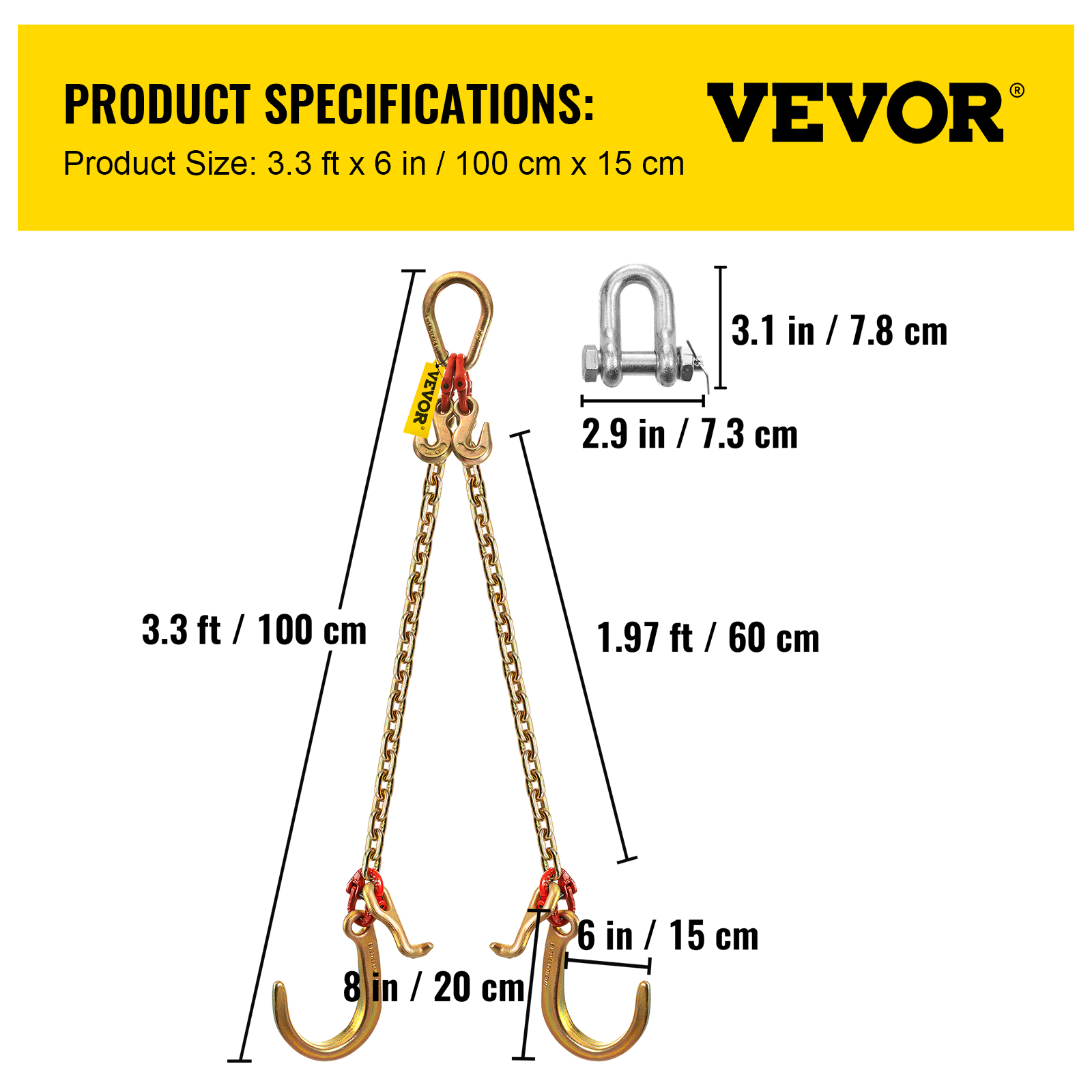 VEVOR 5/16"x2' Tow Chain J Hook G80 V-Chain Bridle w/ TJ/RJ Grabe Hook