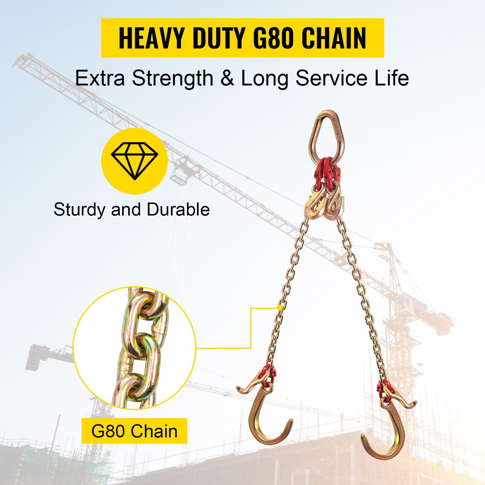VEVOR J Hook Chain, 5/16 in x 2 ft Tow Chain Bridle, Grade 80 J Hook  Transport Chain, 9260 Lbs Break Strength with JT Hook & Grab Hook, Tow Hooks  for Trucks
