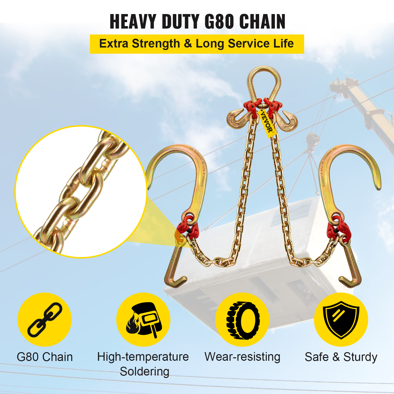 VEVOR 5/16"x2' Tow Chain J Hook G80 V-Chain Bridle w/ TJ/RJ Grabe Hook