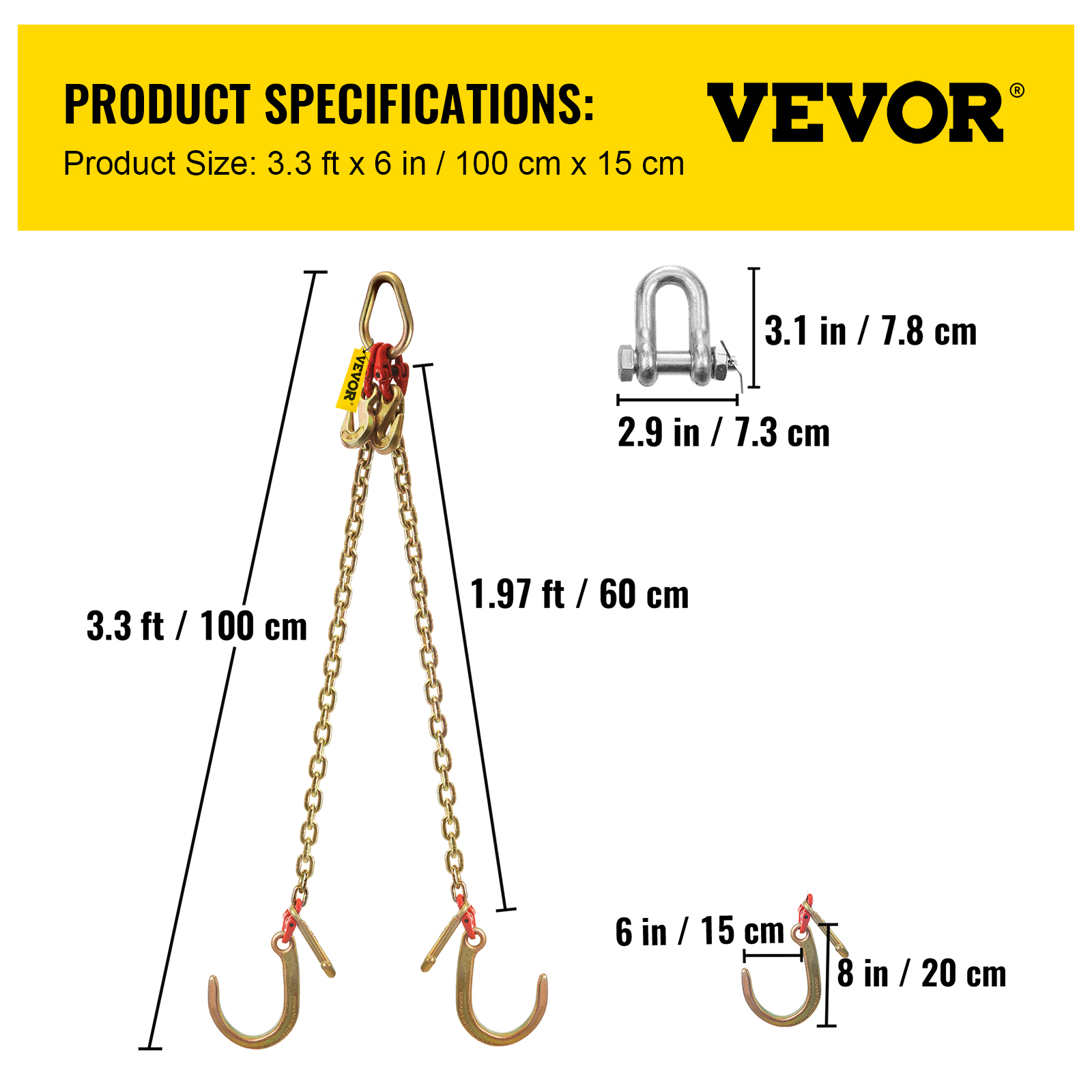 VEVOR 5/16"x2' Tow Chain J Hook G80 V-Chain Bridle w/ TJ/RJ Grabe Hook