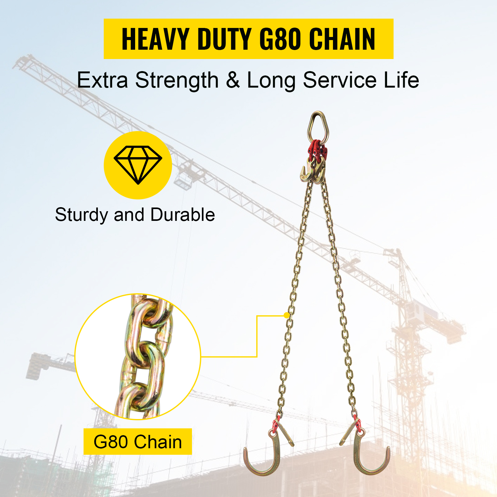 VEVOR V Chain with TJ Hooks and Crab Hooks, 23.6X0.3 G80 Alloy Steel  Chain J Hook Chains for Towing, 9260 lbs Working Load Limit Bridle Tow  Chain, Bridle Chain Truck Towing Straps