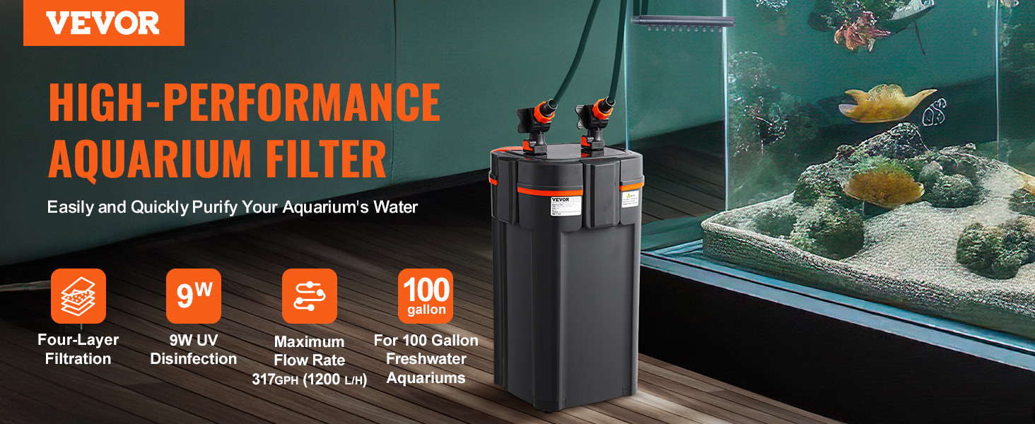 VEVOR 317GPH Canister Aquarium Filter – 4-Stage With UV Sterilizer, For Up To 100 Gallon Tanks – Ultra Quiet & Submersible