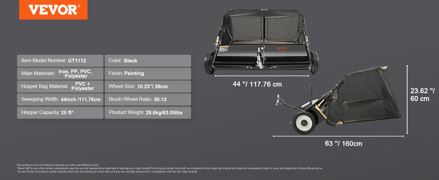 VEVOR Gyepseprő mögött vontató 44 hüvelyk, 25 cu. 1,6 m nagy teherbírású, nagy kapacitású levél- és fűgyűjtő állítható seprési magassággal és billenőkötél kialakítással a szennyeződés és a fű összegyűjtésére