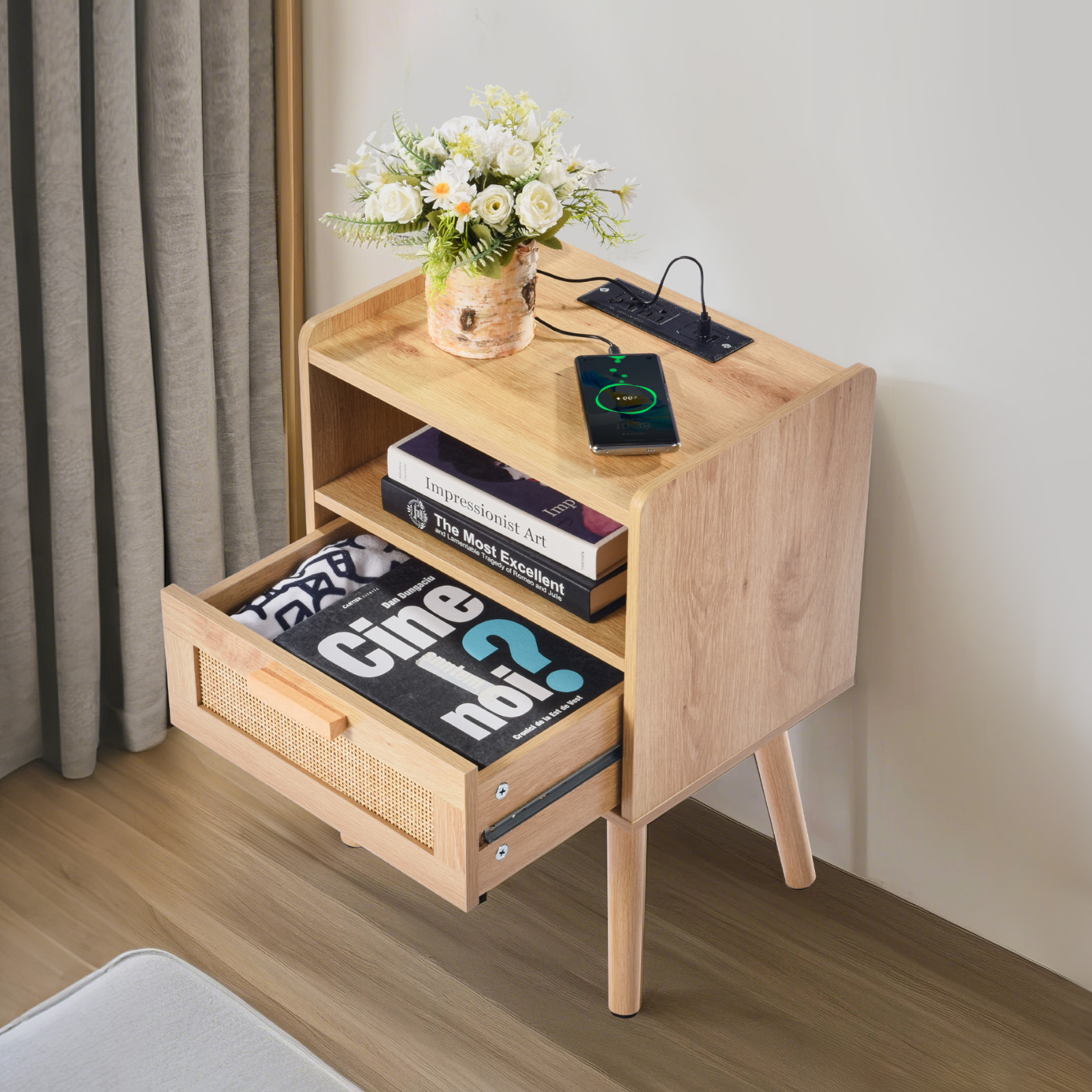 Rattan Nightstand End Table with Drawer/2 Drawers Open Shelf Boho Bedside Table - Picture 10 of 26