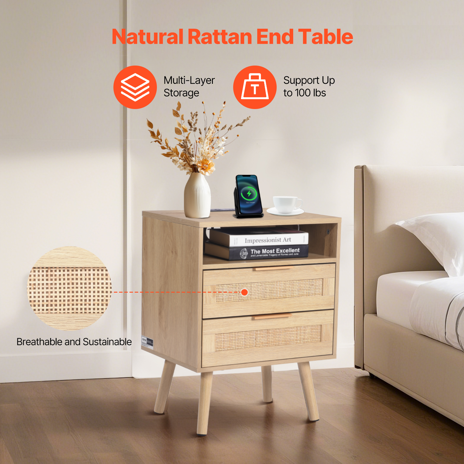 Rattan Nightstand End Table with Drawer/2 Drawers Open Shelf Boho Bedside Table - Picture 16 of 26