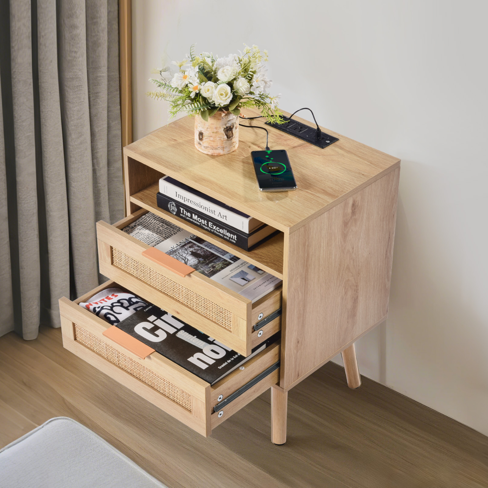 Rattan Nightstand End Table with Drawer/2 Drawers Open Shelf Boho Bedside Table - Picture 22 of 26