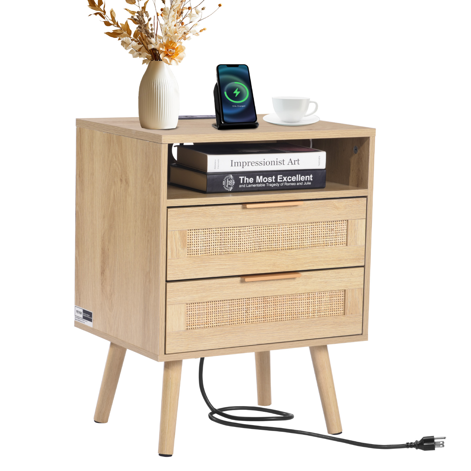 Rattan Nightstand End Table with Drawer/2 Drawers Open Shelf Boho Bedside Table - Picture 15 of 26