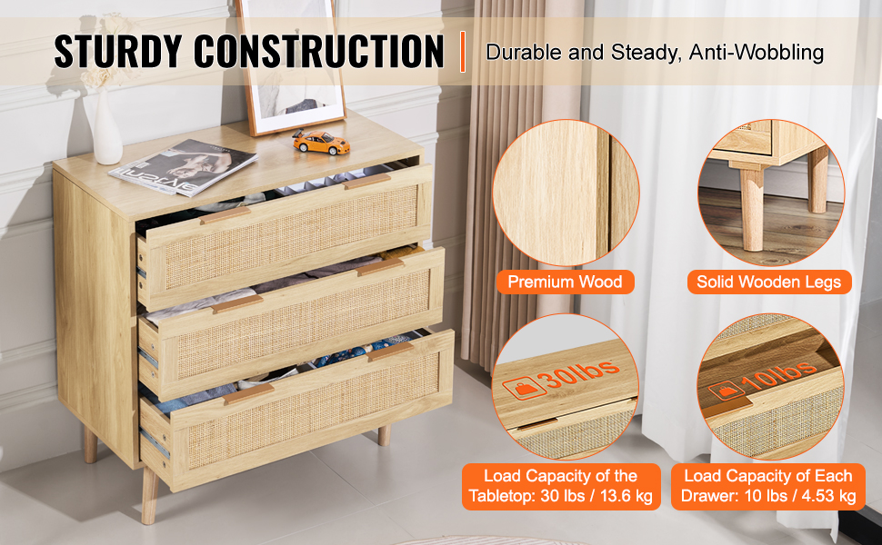 VEVOR Rattan Drawer Dresser Natural Rattan Closet Dresser 3 Drawers for ...