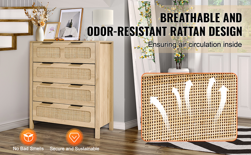 VEVOR Rattan Drawer Dresser Natural Rattan Closet Dresser 4 Drawers for ...