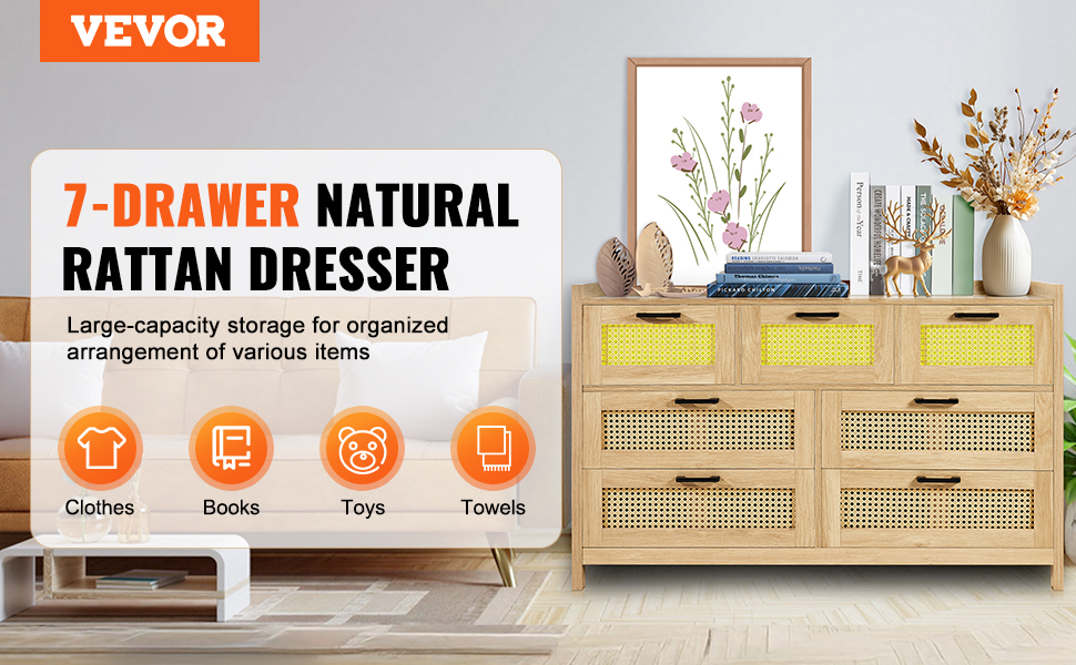 VEVOR 7 Drawer Rattan Dresser, Boho Dresser, Rattan Chest of Drawers ...