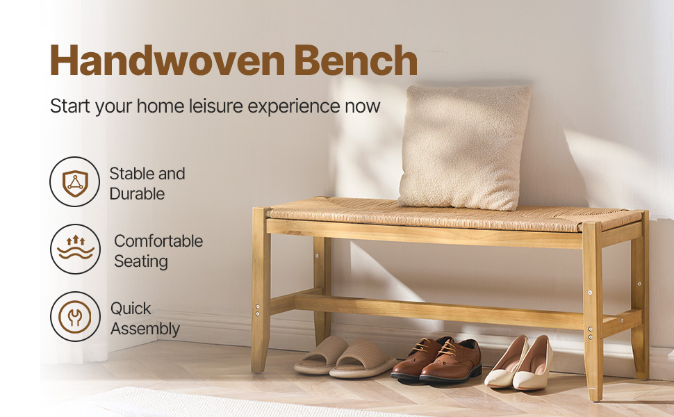Rattan Bench Wooden Bench 40 Inches for Entryway Living Room & Bedroom ...