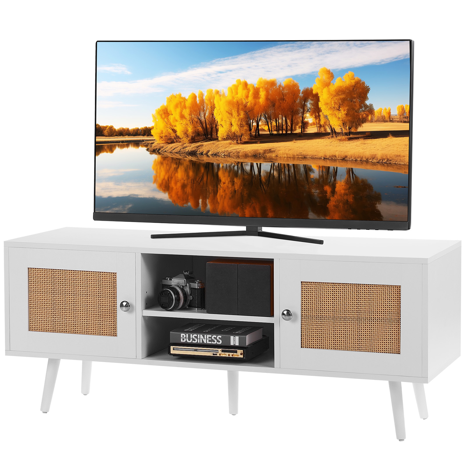 Rattan TV Stand for 55/65/75 in TV Boho TV Stand with Build-in Socket