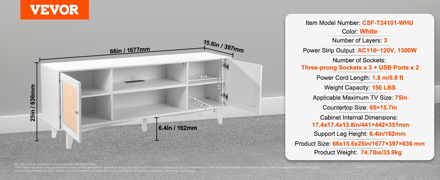 Rattan TV stand,75in / 1905 mm TV,white