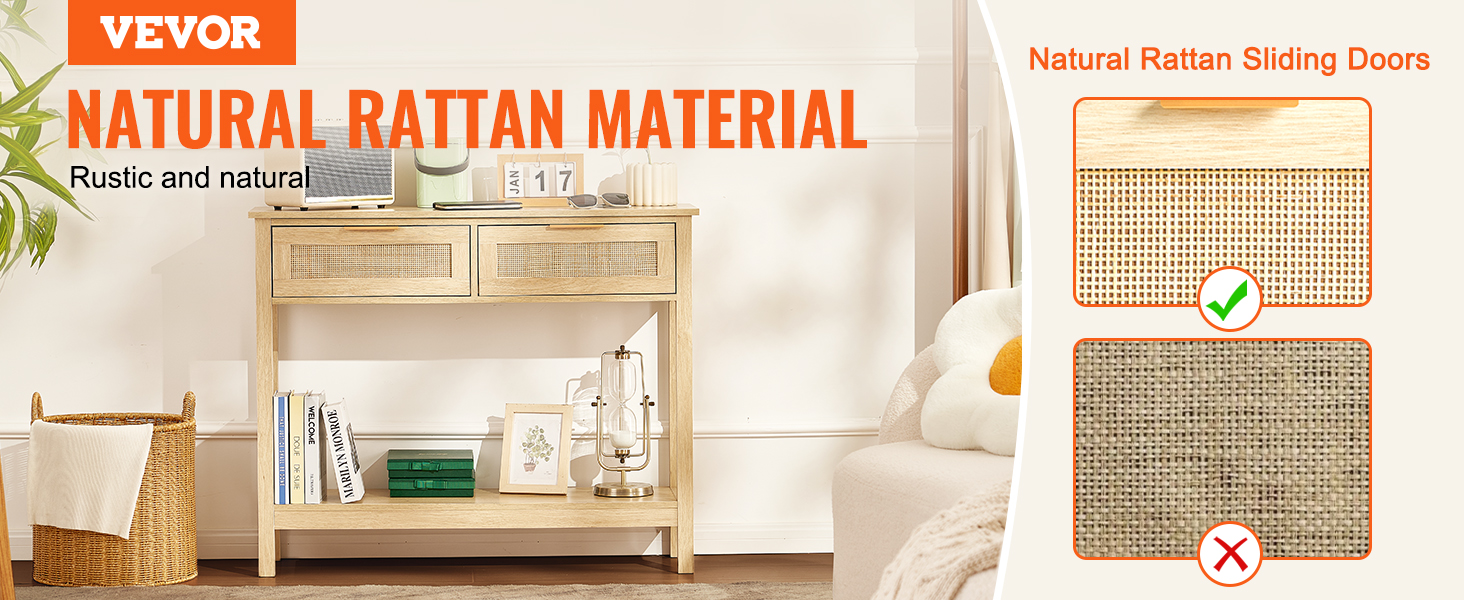 VEVOR Rattan Console Table with 2 Storage Drawers Rattan Sliding Door ...