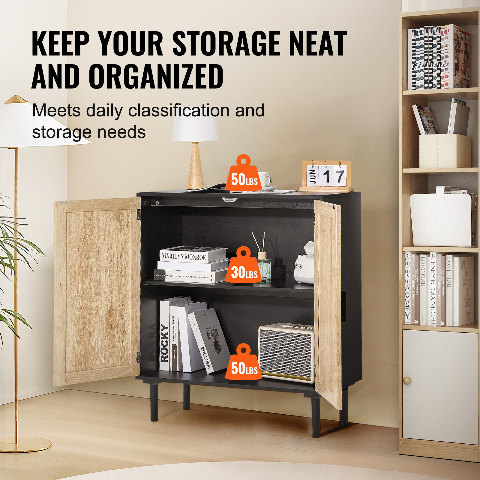 Rattan Cabinet with 4/2 Magnetic Doors 2/3 Drawers Adjustable Shelves Natural - Picture 29 of 86
