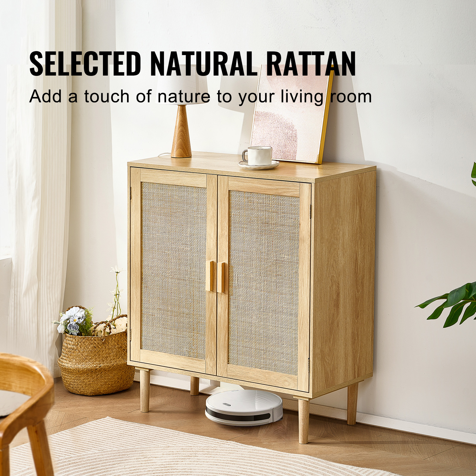 Rattan Cabinet with 4/2 Magnetic Doors 2/3 Drawers Adjustable Shelves Natural - Picture 16 of 86