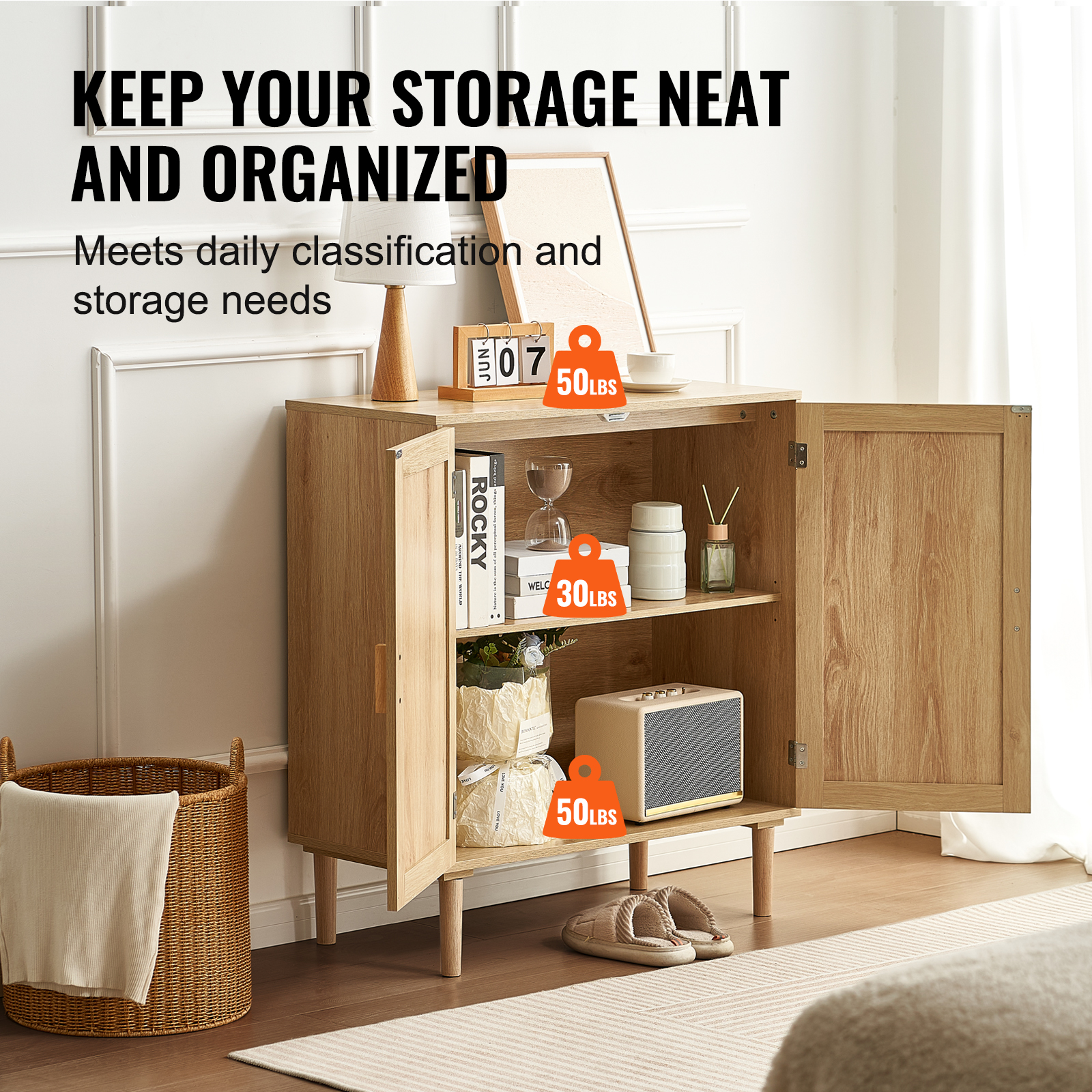 Rattan Cabinet with 4/2 Magnetic Doors 2/3 Drawers Adjustable Shelves Natural - Picture 17 of 86
