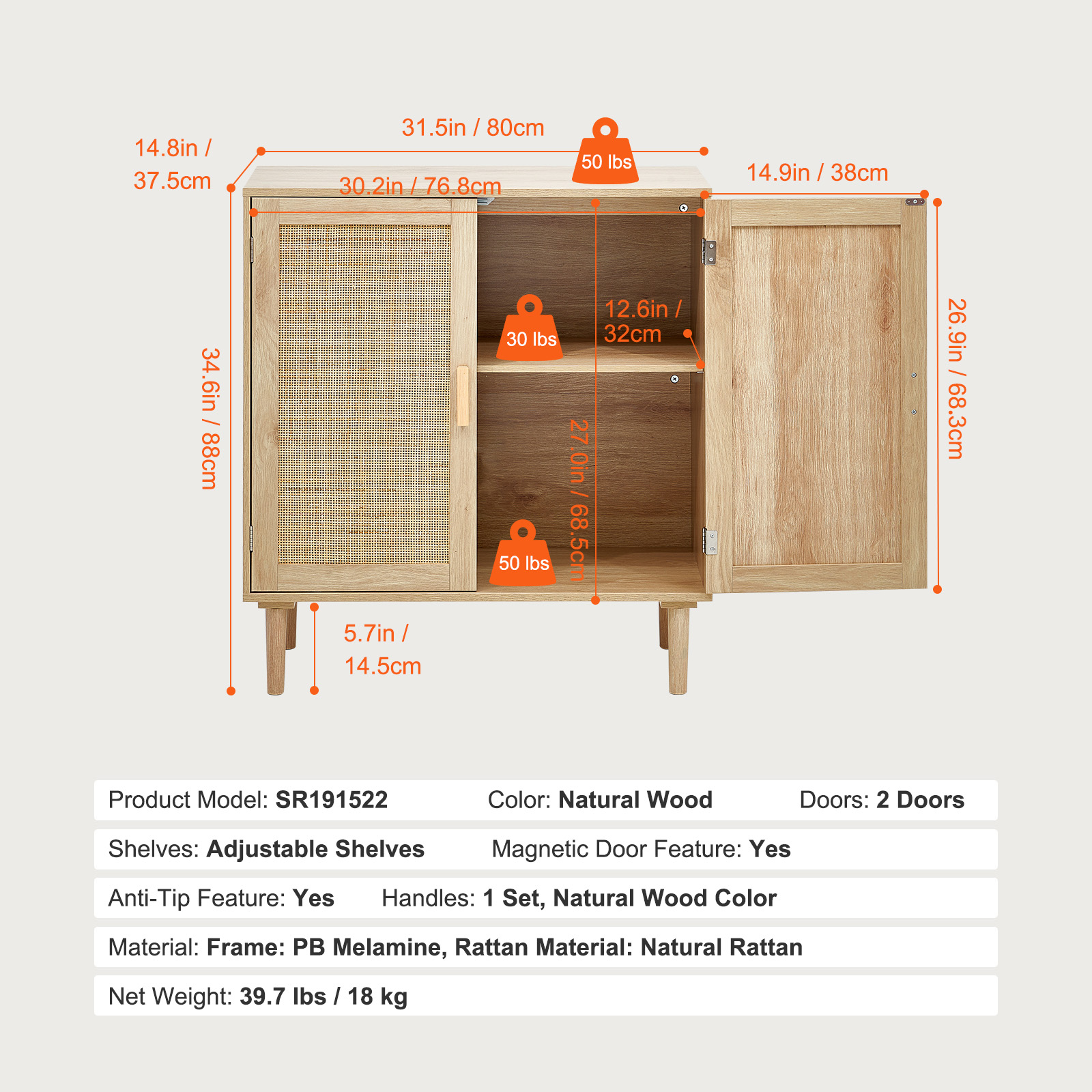 Rattan Cabinet with 4/2 Magnetic Doors 2/3 Drawers Adjustable Shelves Natural - Picture 21 of 86