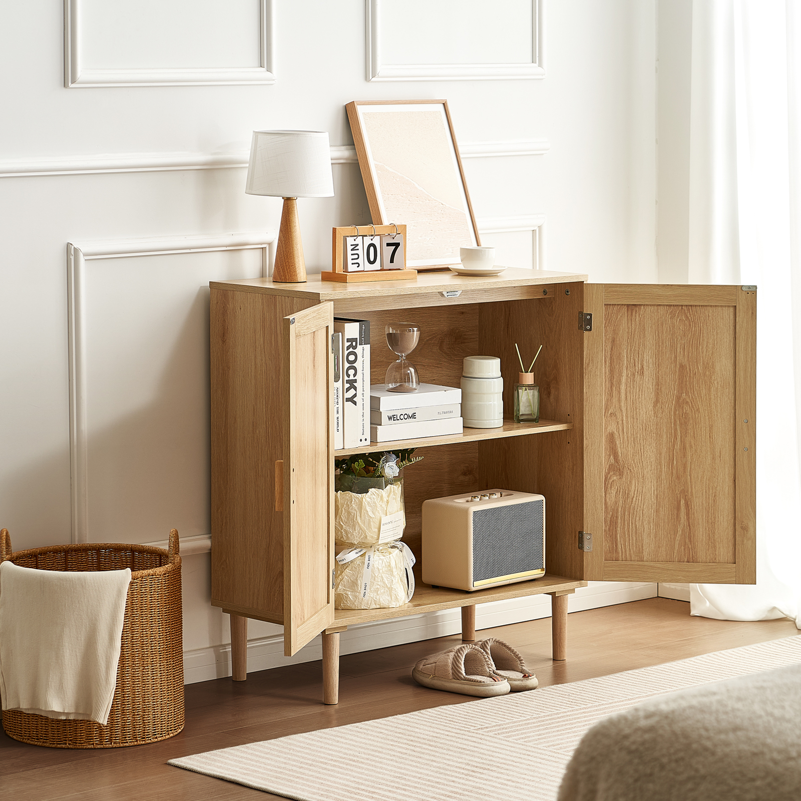 Rattan Cabinet with 4/2 Magnetic Doors 2/3 Drawers Adjustable Shelves Natural - Picture 22 of 86