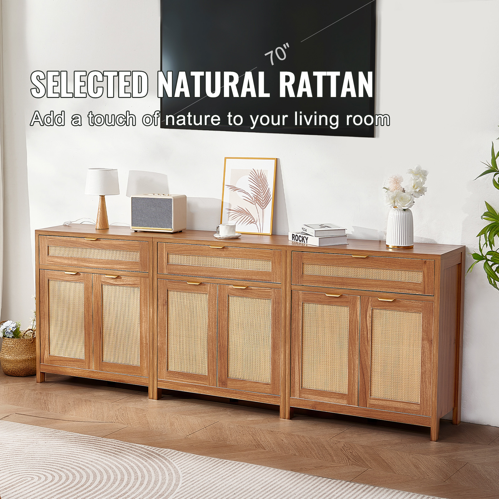 Rattan Cabinet with 4/2 Magnetic Doors 2/3 Drawers Adjustable Shelves Natural - Picture 76 of 86