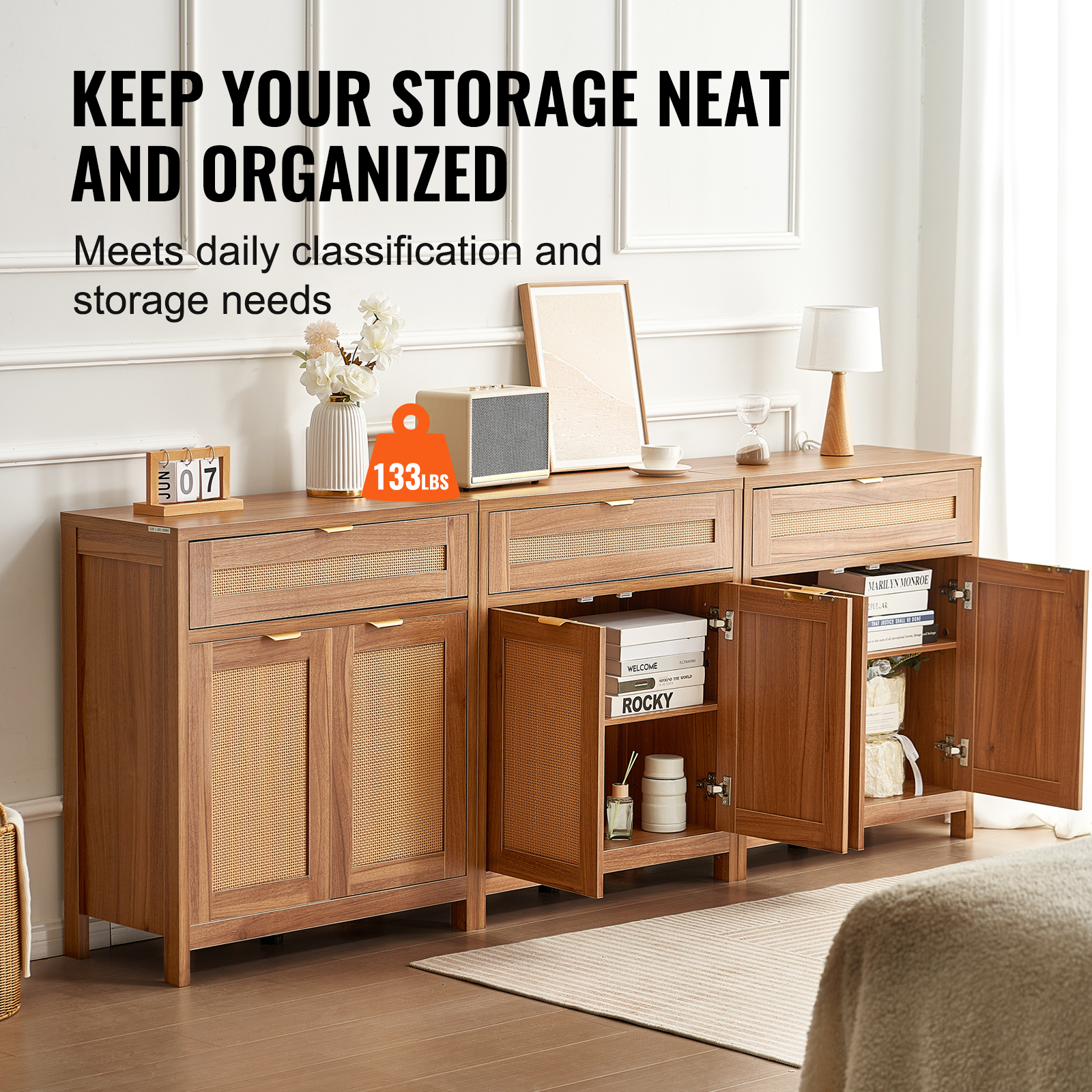 Rattan Cabinet with 4/2 Magnetic Doors 2/3 Drawers Adjustable Shelves Natural - Picture 77 of 86