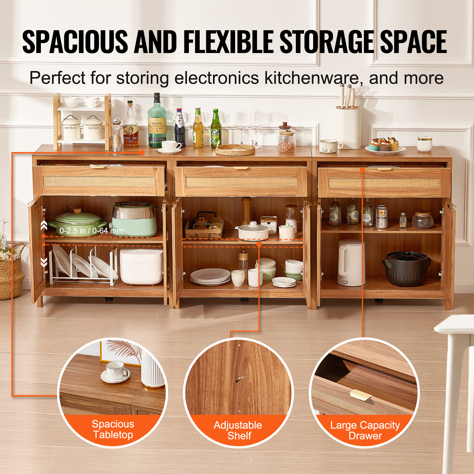 Rattan Cabinet with 4/2 Magnetic Doors 2/3 Drawers Adjustable Shelves Natural - Picture 78 of 86