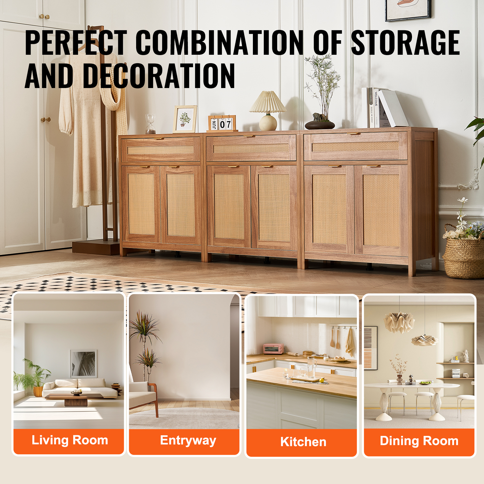 Rattan Cabinet with 4/2 Magnetic Doors 2/3 Drawers Adjustable Shelves Natural - Picture 80 of 86