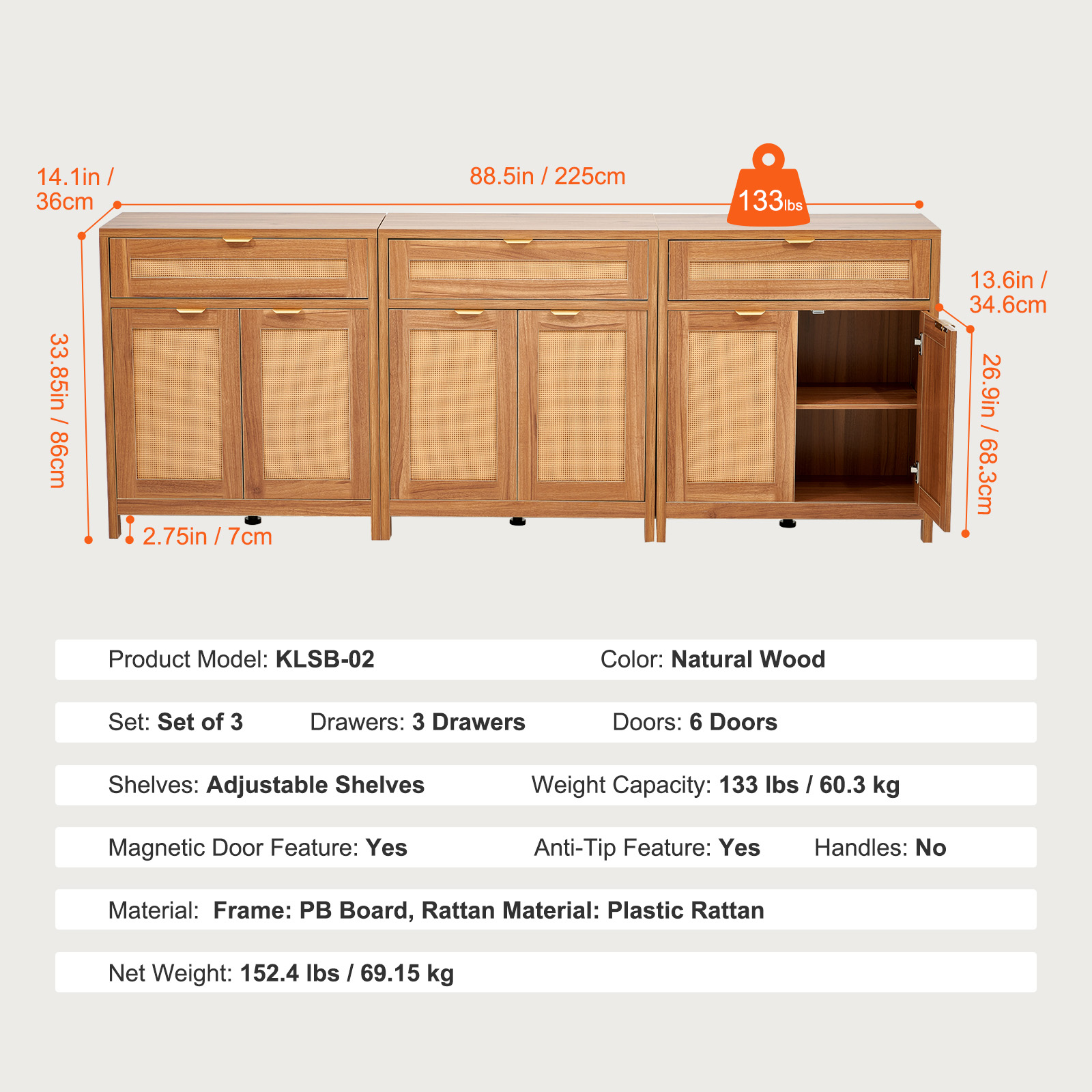 Rattan Cabinet with 4/2 Magnetic Doors 2/3 Drawers Adjustable Shelves Natural - Picture 81 of 86