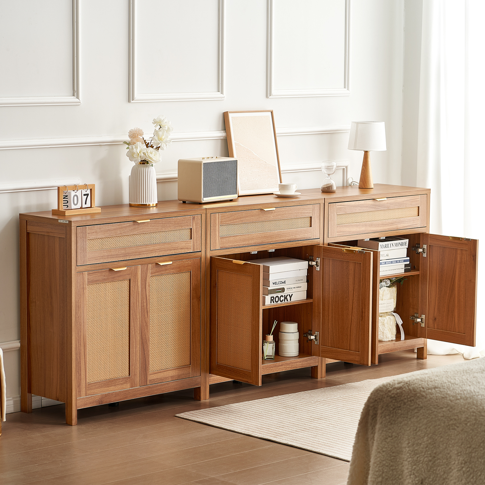 Rattan Cabinet with 4/2 Magnetic Doors 2/3 Drawers Adjustable Shelves Natural - Picture 82 of 86