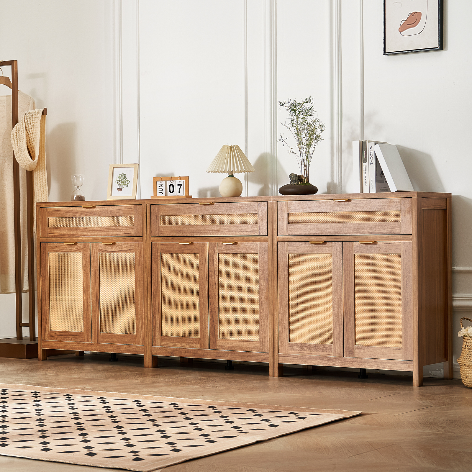 Rattan Cabinet with 4/2 Magnetic Doors 2/3 Drawers Adjustable Shelves Natural - Picture 75 of 86