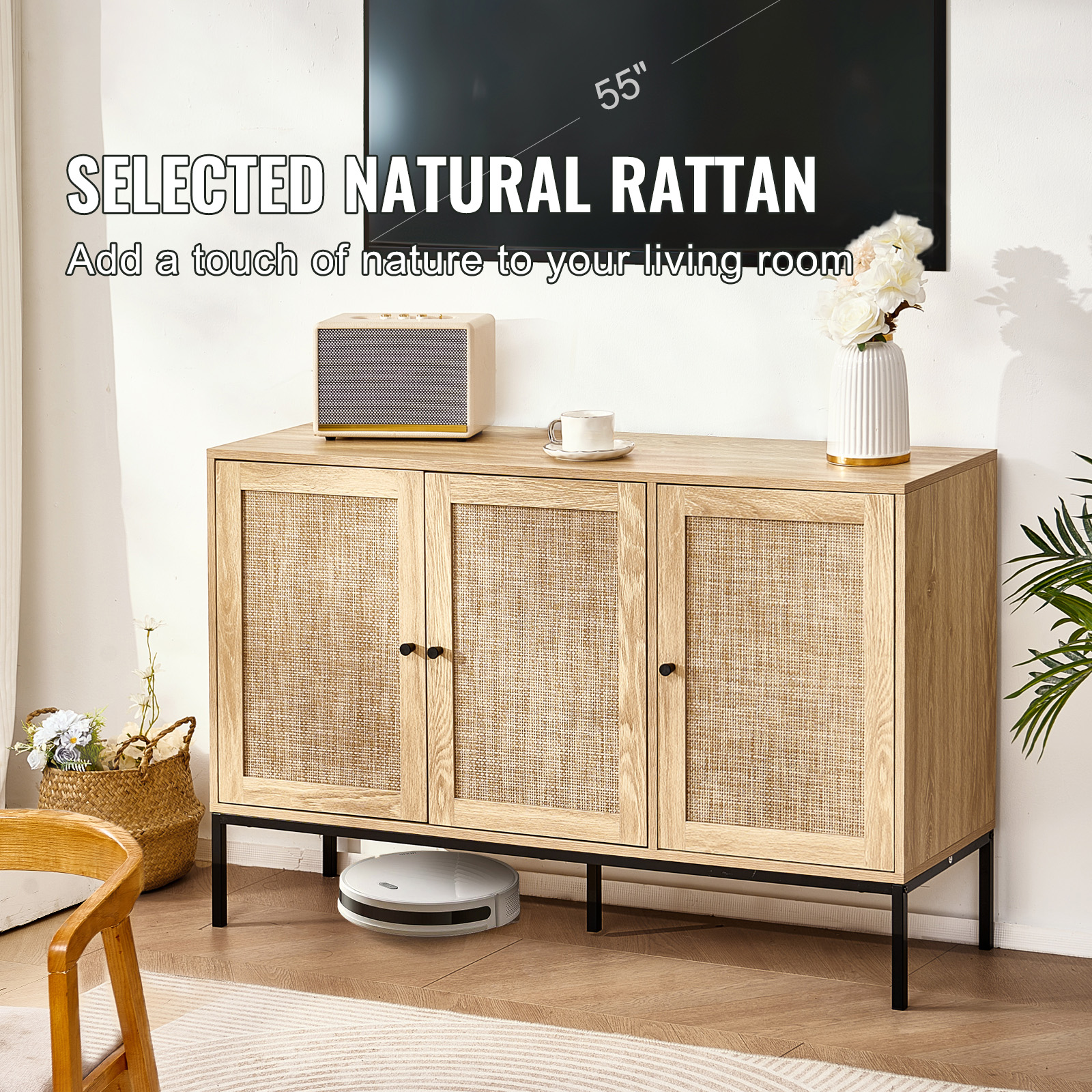 Rattan Cabinet with 4/2 Magnetic Doors 2/3 Drawers Adjustable Shelves Natural - Picture 64 of 86