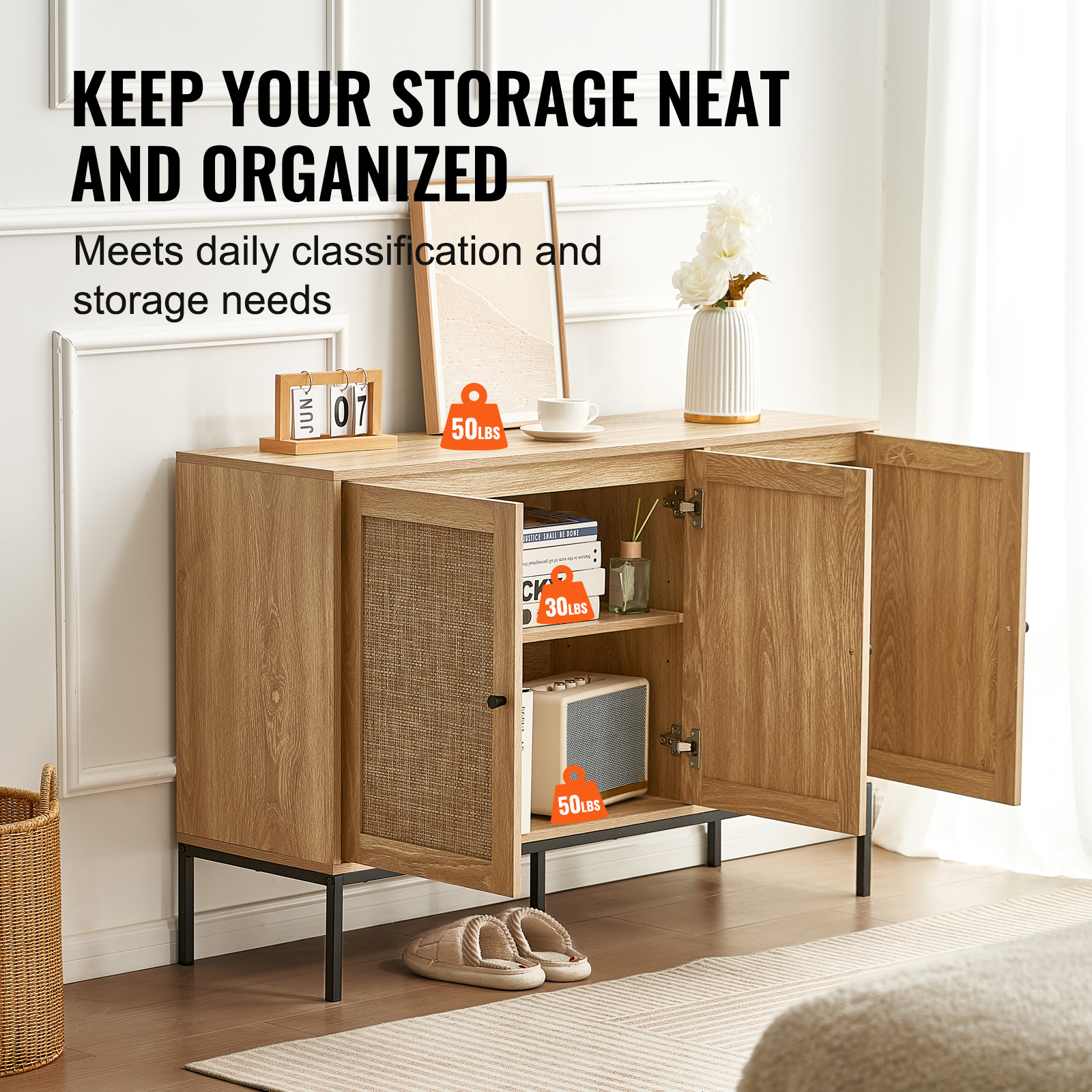 Rattan Cabinet with 4/2 Magnetic Doors 2/3 Drawers Adjustable Shelves Natural - Picture 65 of 86