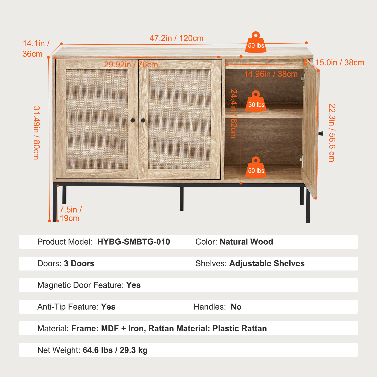 Rattan Cabinet with 4/2 Magnetic Doors 2/3 Drawers Adjustable Shelves Natural - Picture 69 of 86