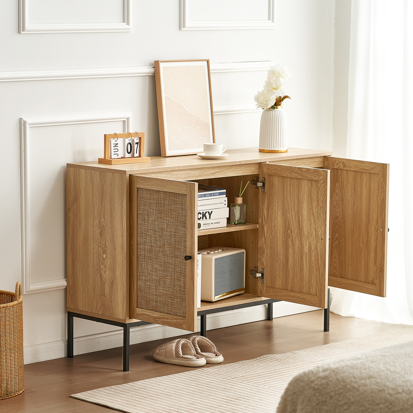 Rattan Cabinet with 4/2 Magnetic Doors 2/3 Drawers Adjustable Shelves Natural - Picture 70 of 86