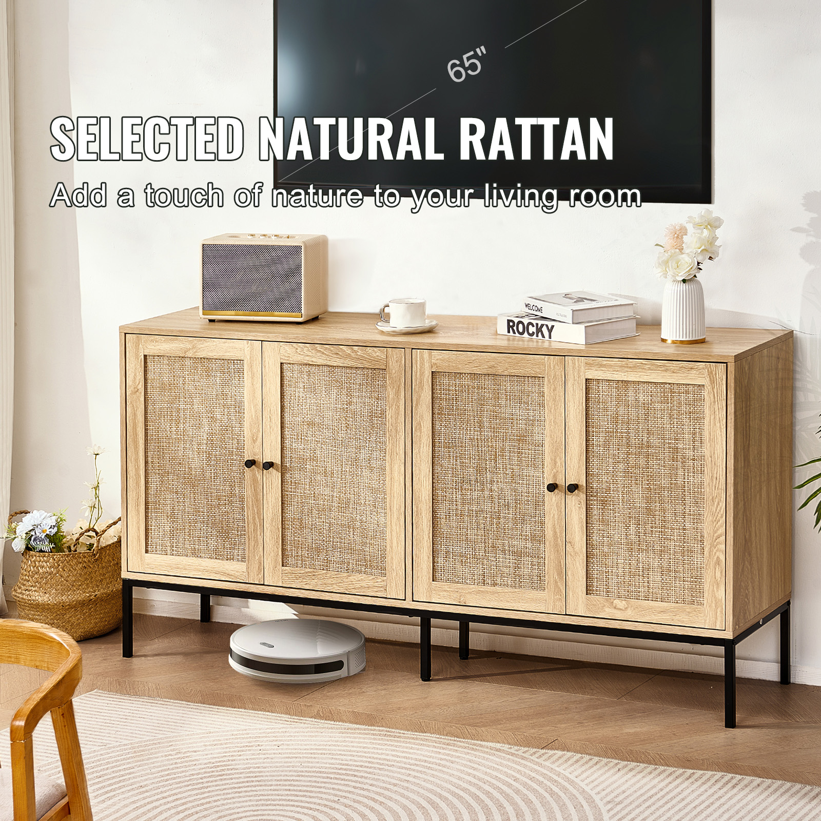 Rattan Cabinet with 4/2 Magnetic Doors 2/3 Drawers Adjustable Shelves Natural - Picture 40 of 86