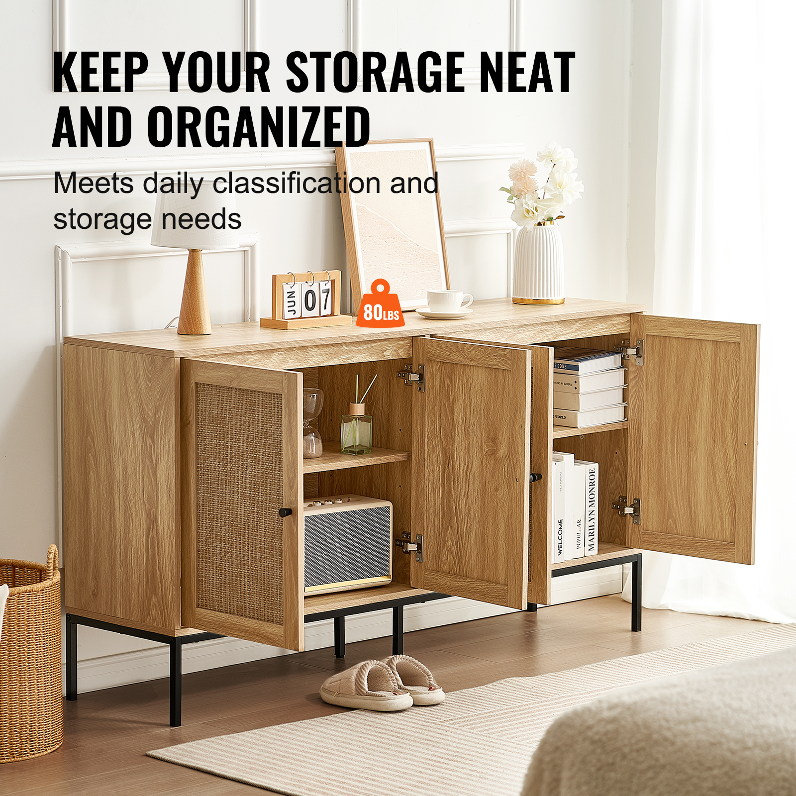 Rattan Cabinet with 4/2 Magnetic Doors 2/3 Drawers Adjustable Shelves Natural - Picture 41 of 86