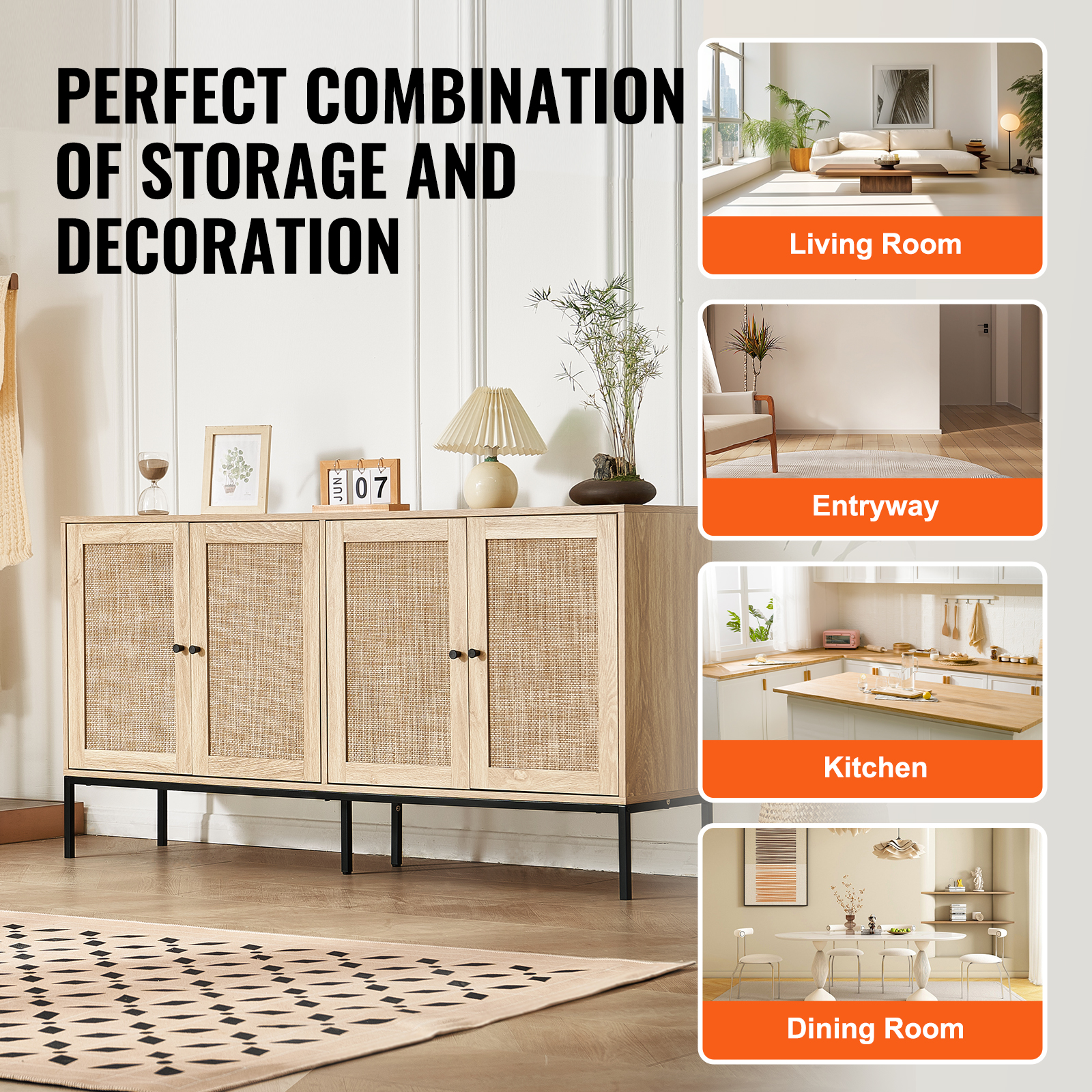 Rattan Cabinet with 4/2 Magnetic Doors 2/3 Drawers Adjustable Shelves Natural - Picture 44 of 86