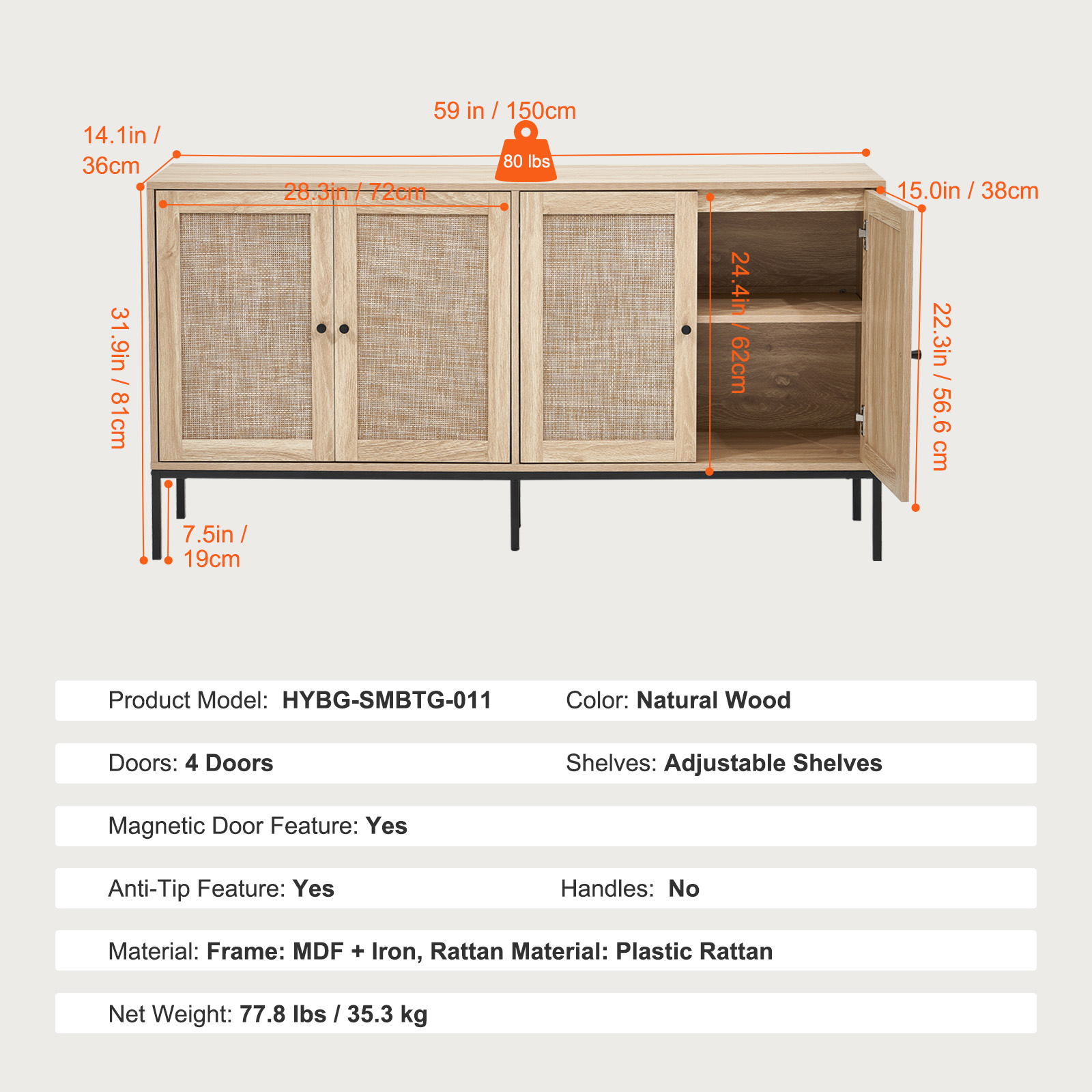 Rattan Cabinet with 4/2 Magnetic Doors 2/3 Drawers Adjustable Shelves Natural - Picture 45 of 86