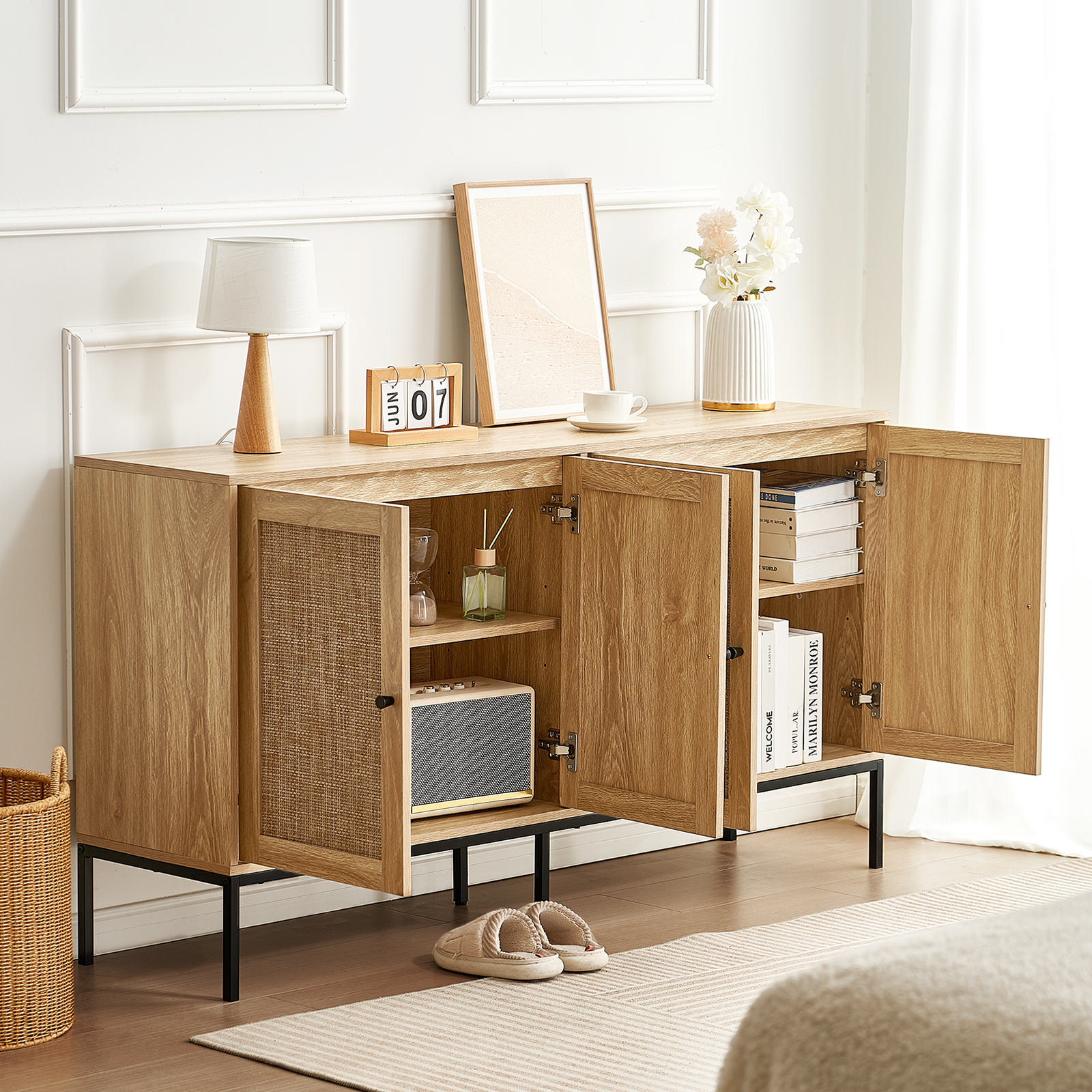 Rattan Cabinet with 4/2 Magnetic Doors 2/3 Drawers Adjustable Shelves Natural - Picture 46 of 86