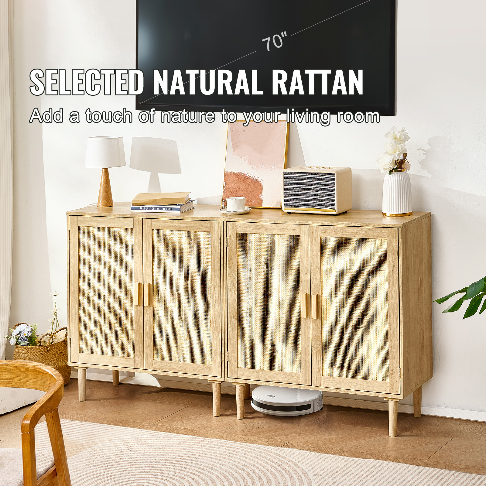 Rattan Cabinet with 4/2 Magnetic Doors 2/3 Drawers Adjustable Shelves Natural - Picture 4 of 86