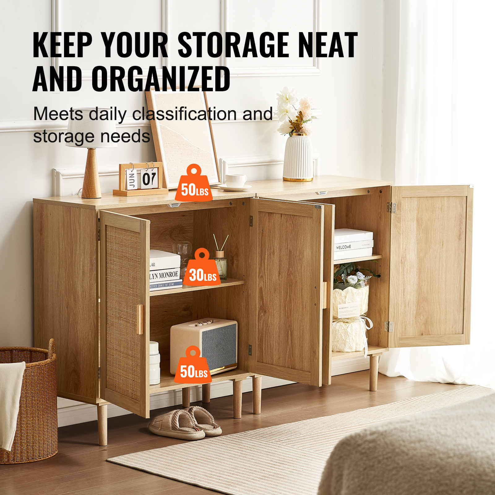 Rattan Cabinet with 4/2 Magnetic Doors 2/3 Drawers Adjustable Shelves Natural - Picture 5 of 86